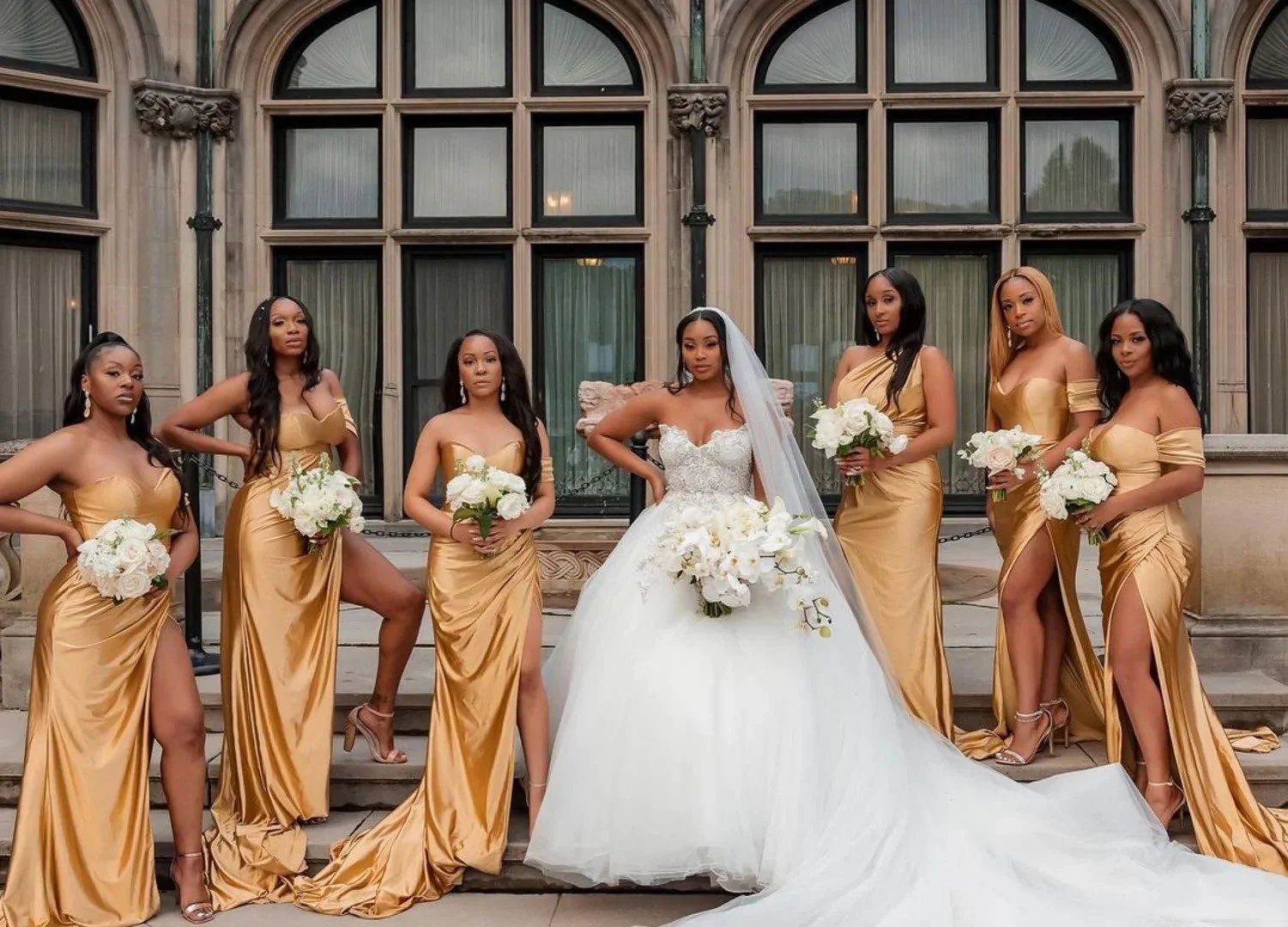 Bridesmaids in gold gowns at a grand venue